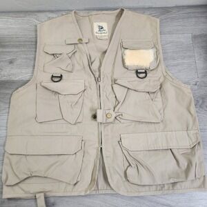 Vintage Sportfisher Tan Fishing Vest Size S/M Utility Pockets Sheepskin Patch